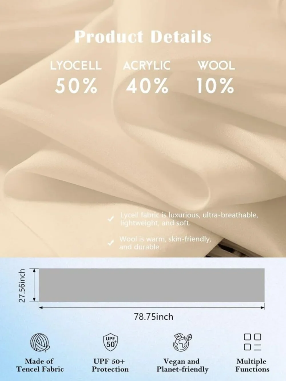 Lightweight Wool Blend Travel Scarf | Breathable Wrap Shawl & Airplane Blanket
